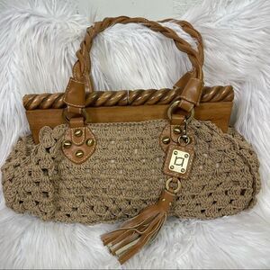 NEW Rafe New York Tan Woven Crochet Braided Tassel Wooden Closure Shoulder Bag